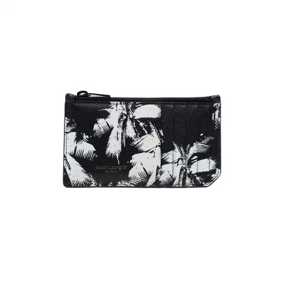 Zipped Card Holder White Palm Trees Black Leather