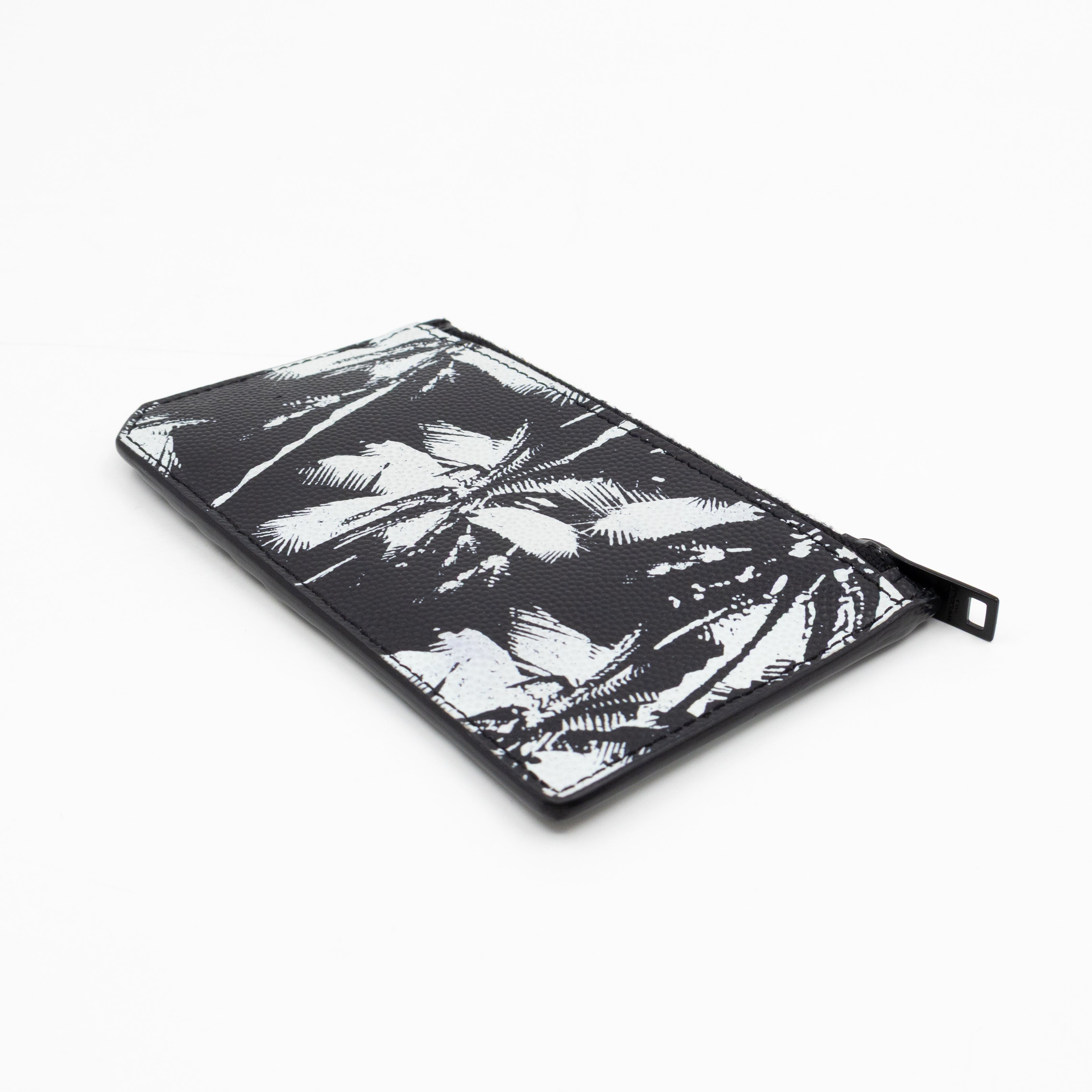 Zipped Card Holder White Palm Trees Black Leather