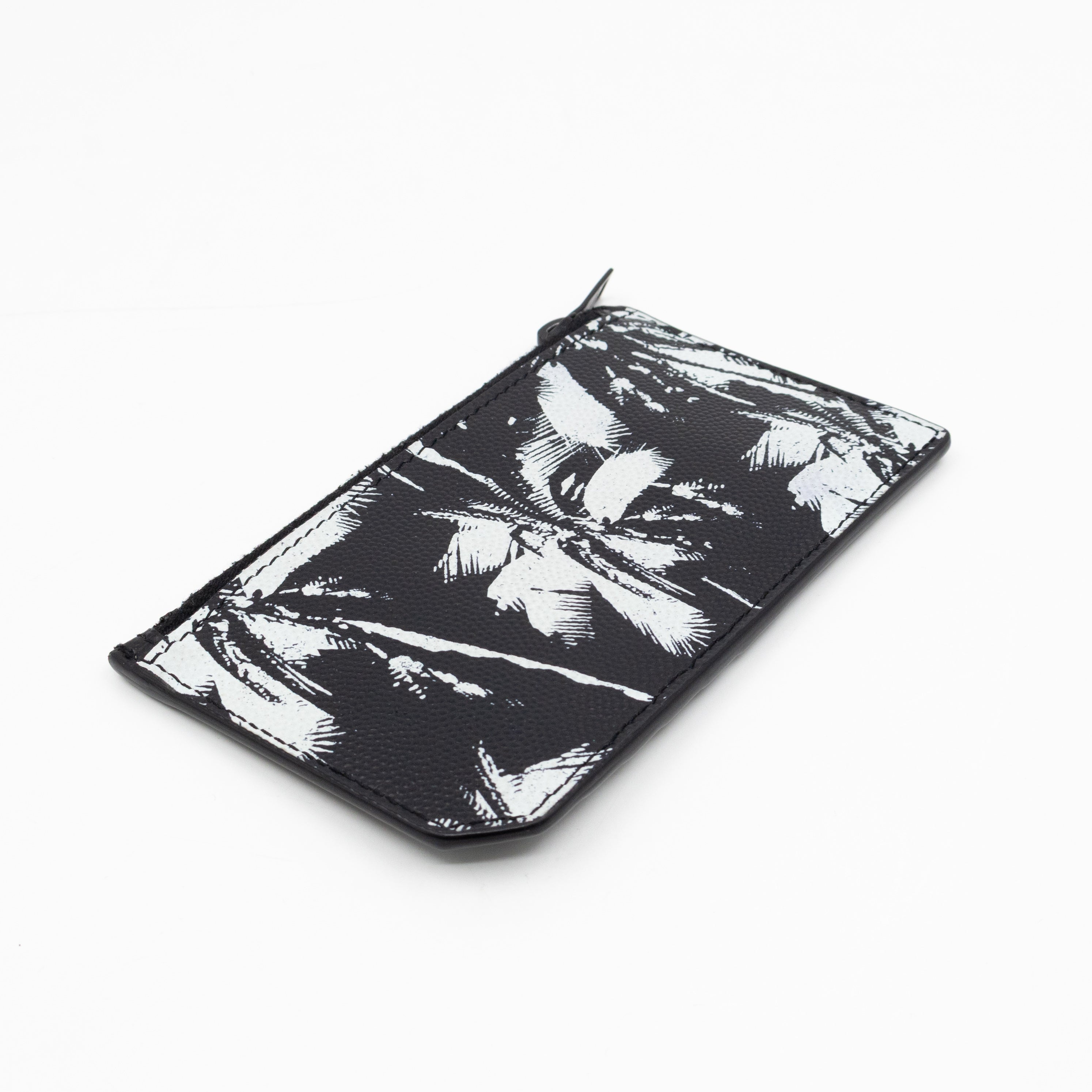 Zipped Card Holder White Palm Trees Black Leather