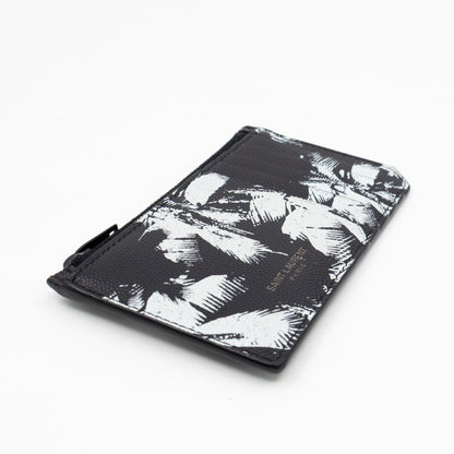 Zipped Card Holder White Palm Trees Black Leather