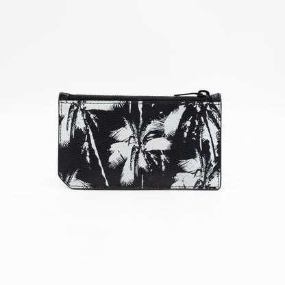 Zipped Card Holder White Palm Trees Black Leather