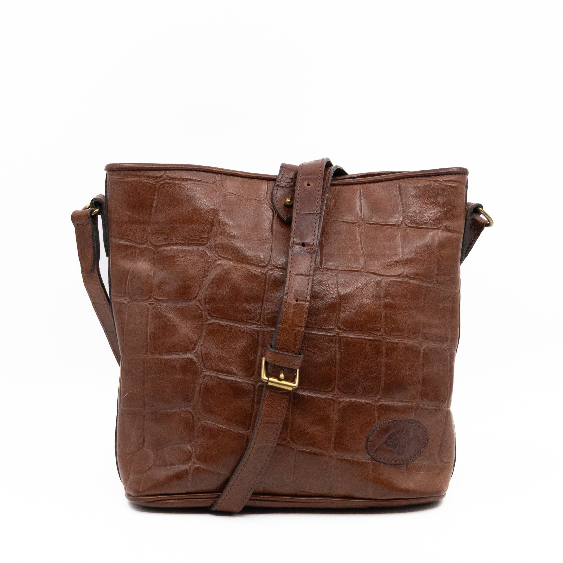 Vintage Bucket Bag Brown Croc Embossed Leather