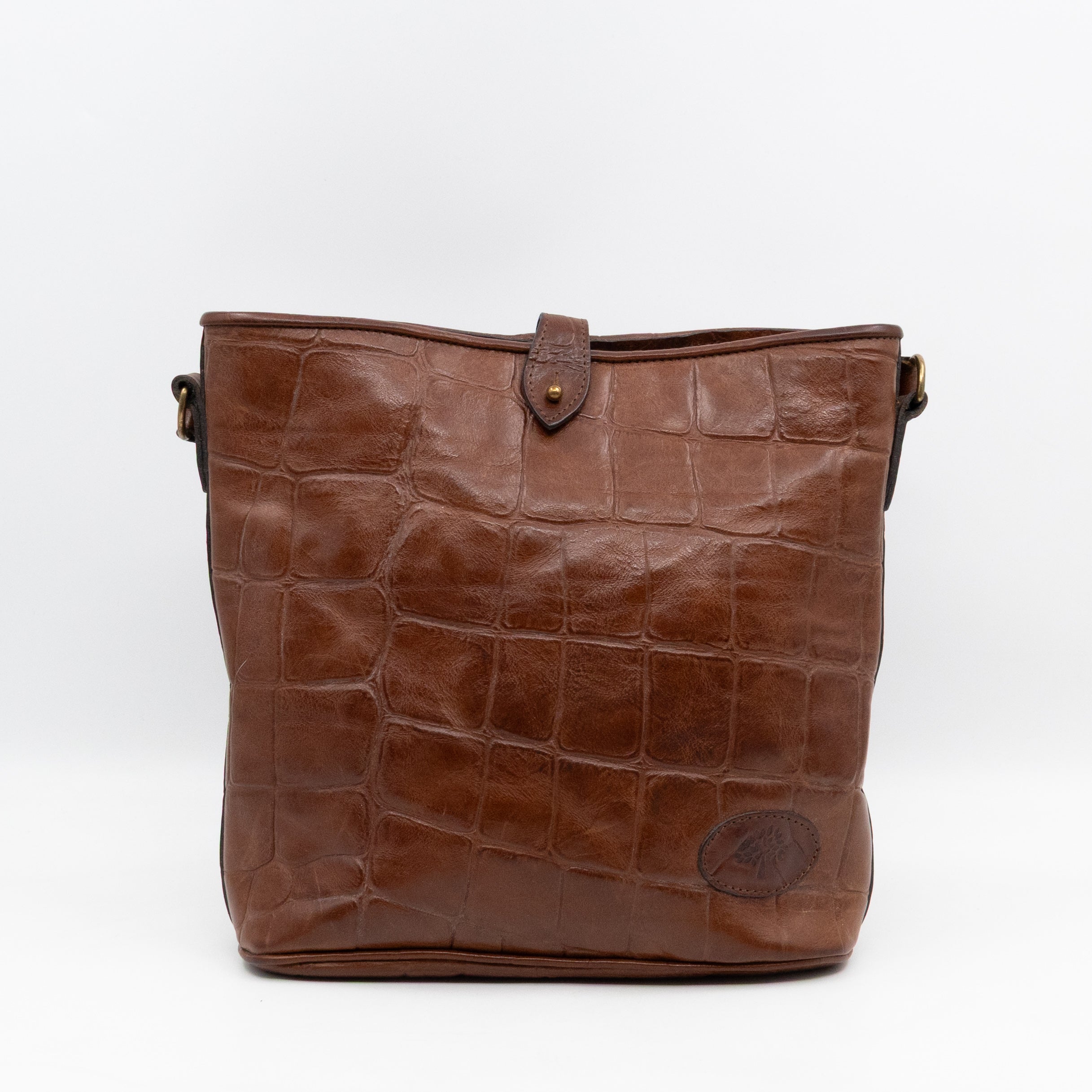 Vintage Bucket Bag Brown Croc Embossed Leather