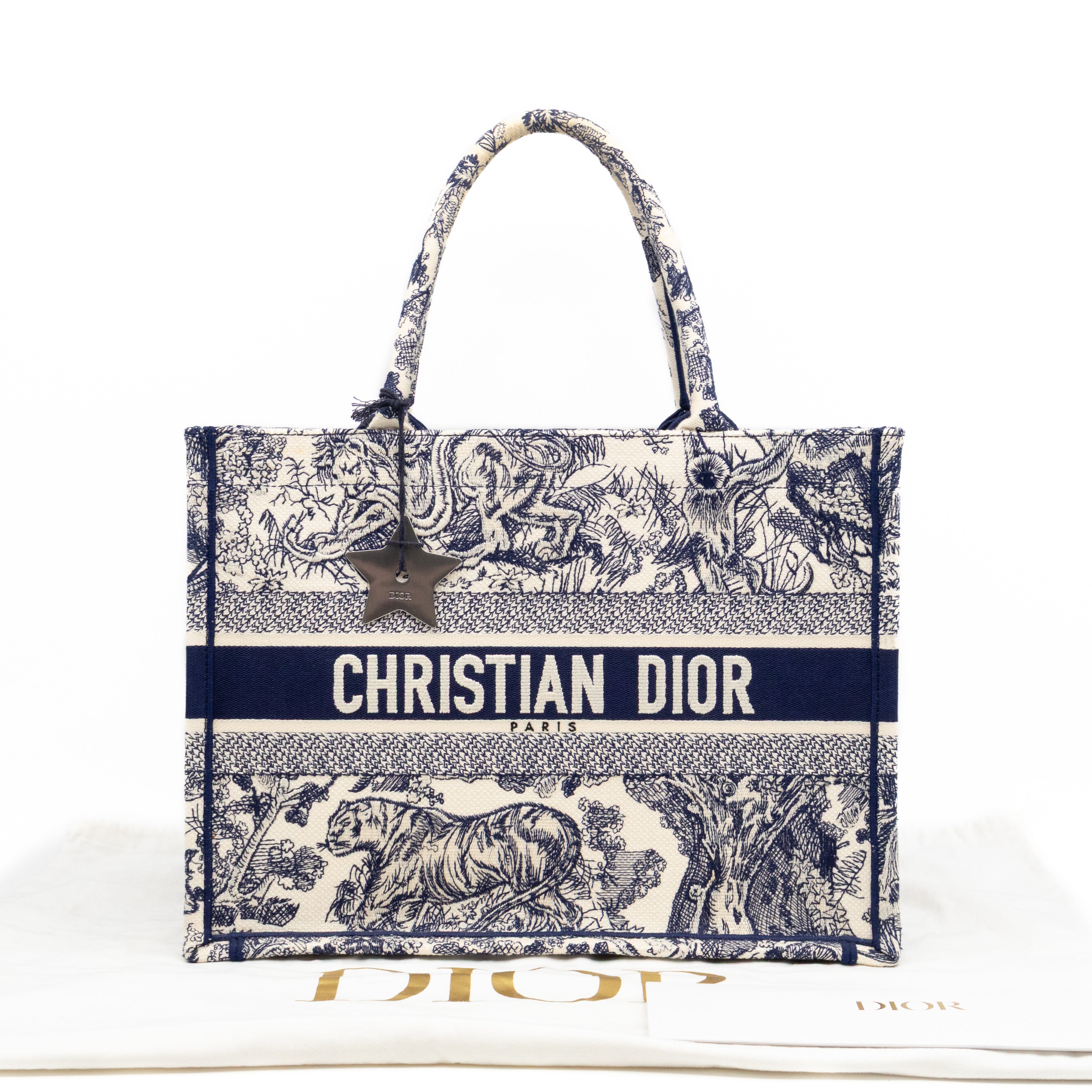 Book Tote Medium Navy & White Toile de Jouy Sauvage Embroidery