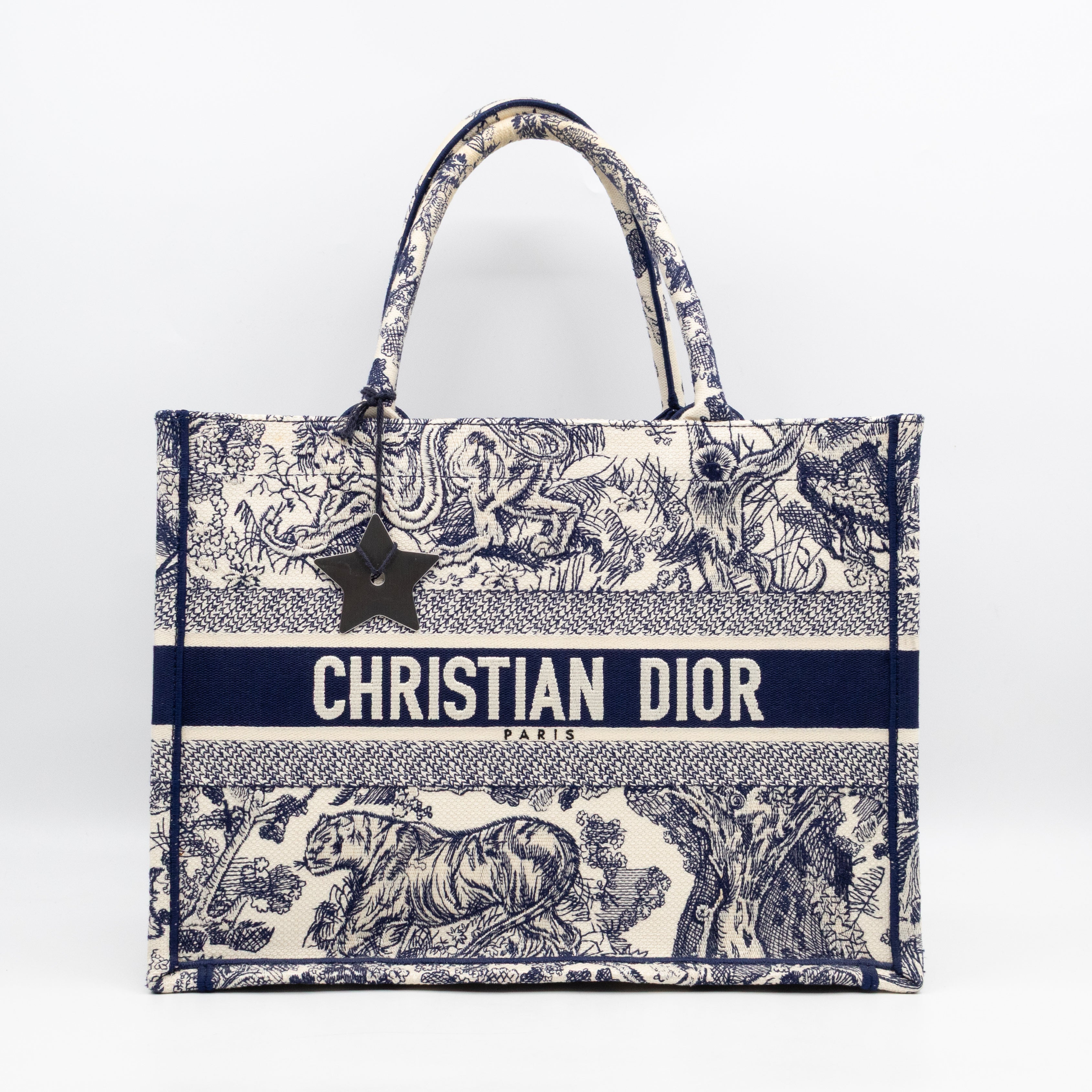 Book Tote Medium Navy & White Toile de Jouy Sauvage Embroidery