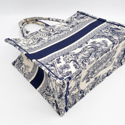 Book Tote Medium Navy & White Toile de Jouy Sauvage Embroidery