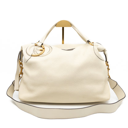 Twill Top Handle Bag White Pebbled Leather