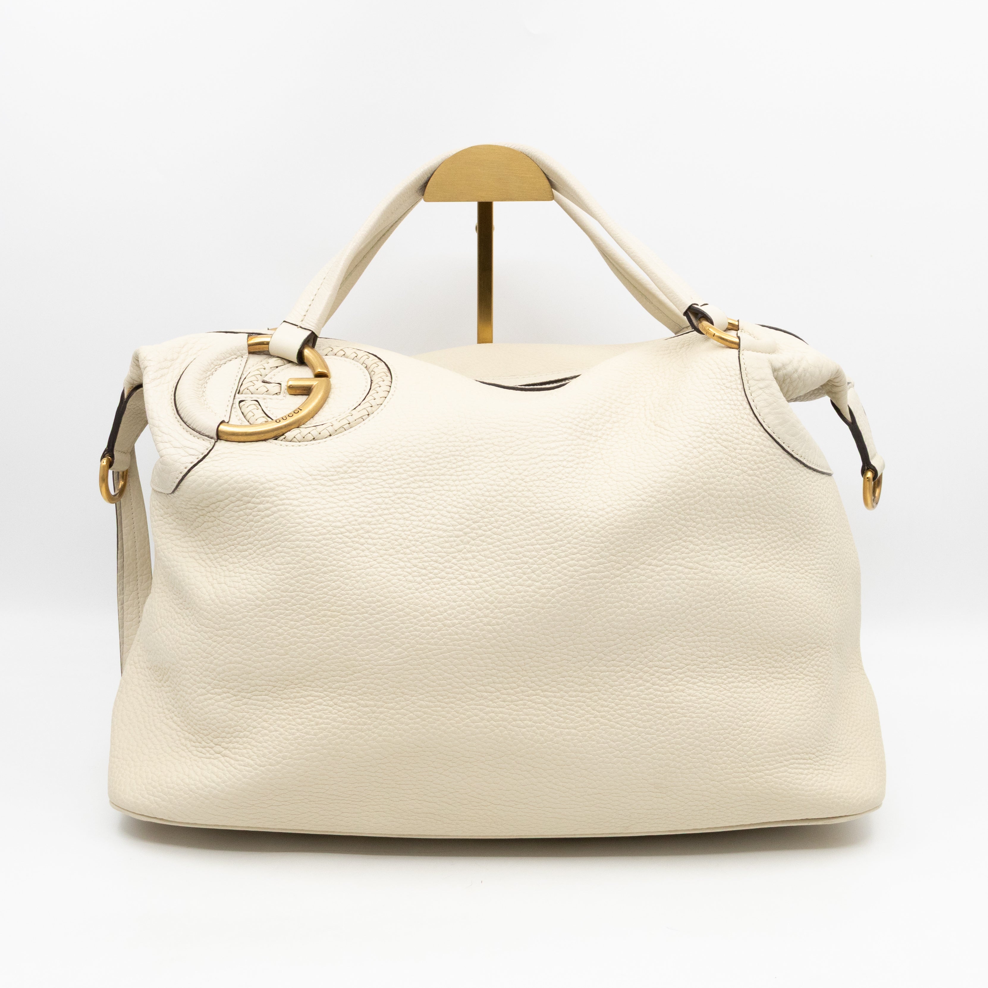 Twill Top Handle Bag White Pebbled Leather