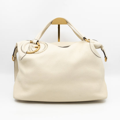 Twill Top Handle Bag White Pebbled Leather
