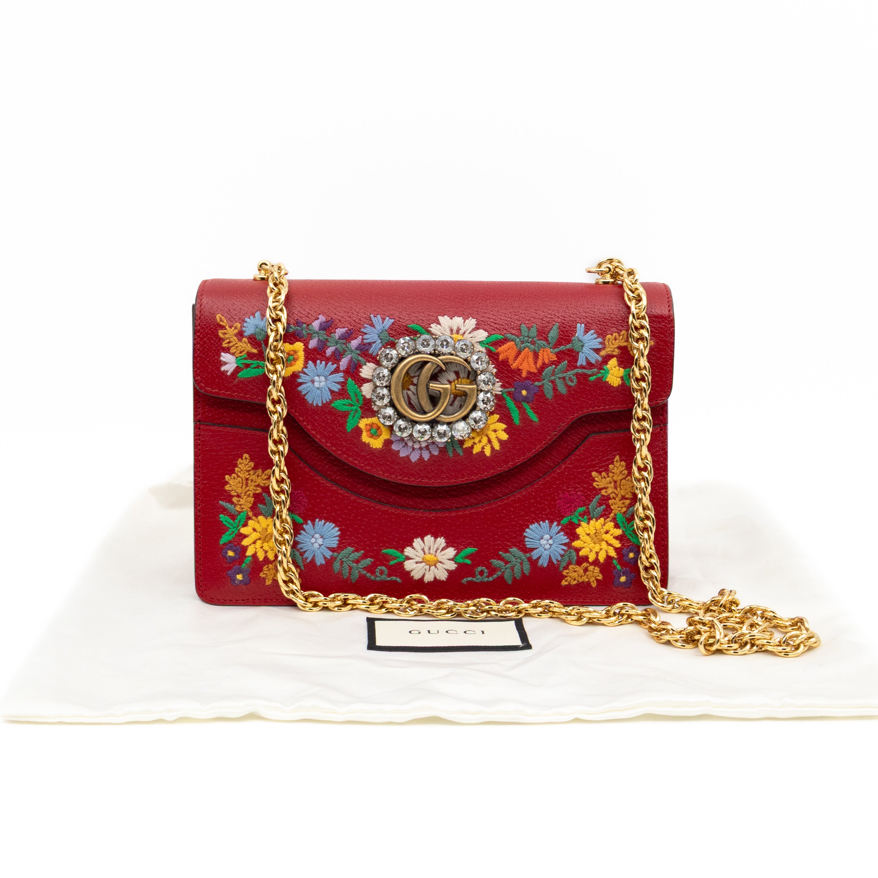Floral Embroidered Ricami Small Shoulder Bag Red Leather