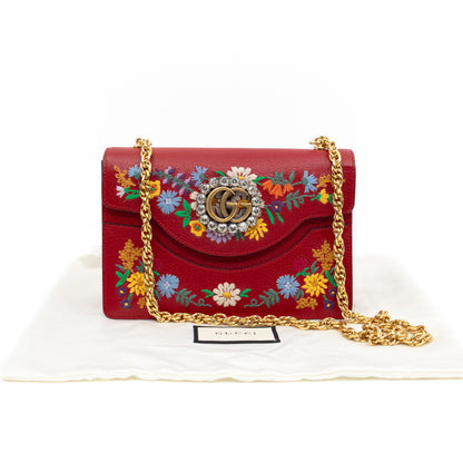 Floral Embroidered Ricami Small Shoulder Bag Red Leather