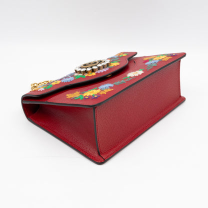 Floral Embroidered Ricami Small Shoulder Bag Red Leather