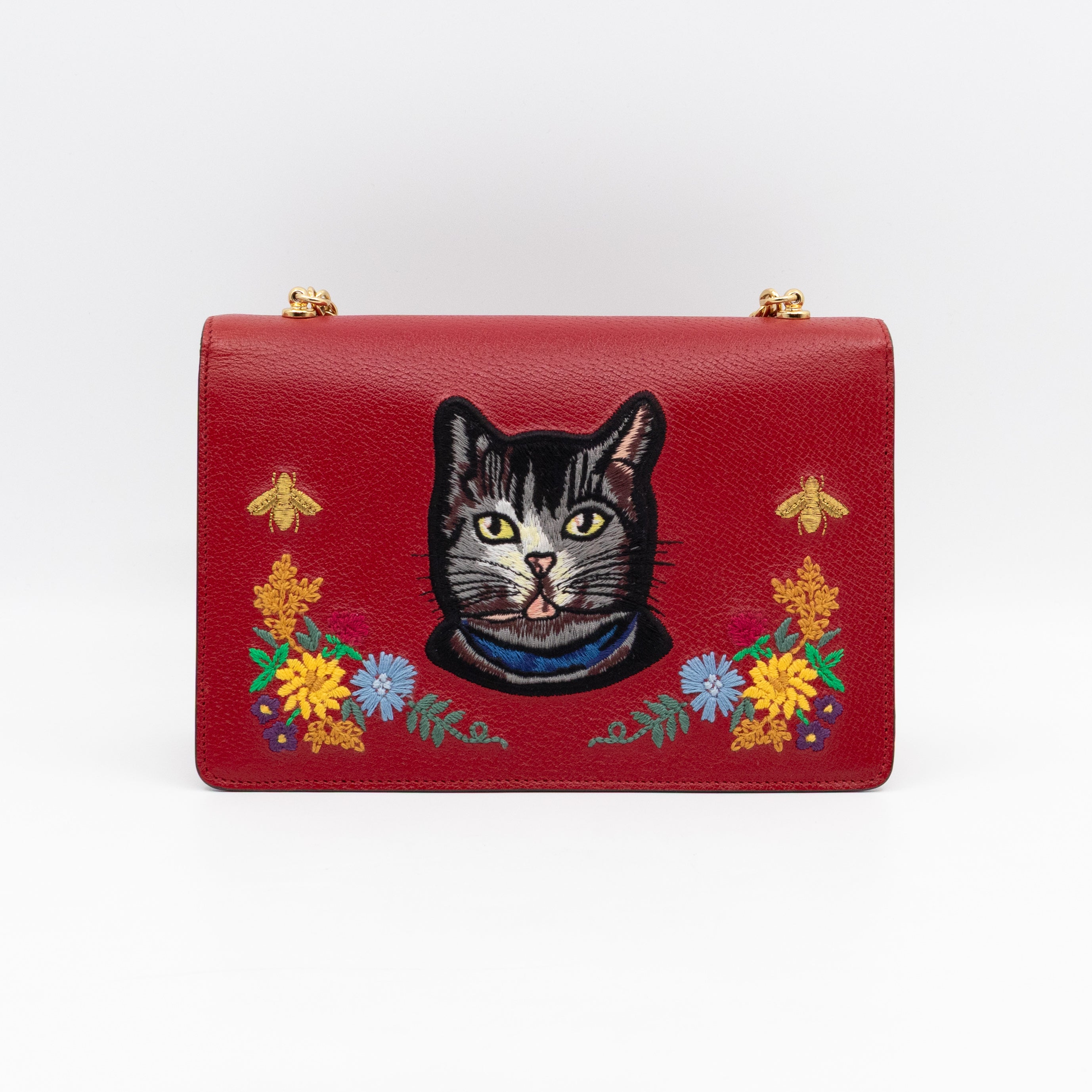 Floral Embroidered Ricami Small Shoulder Bag Red Leather