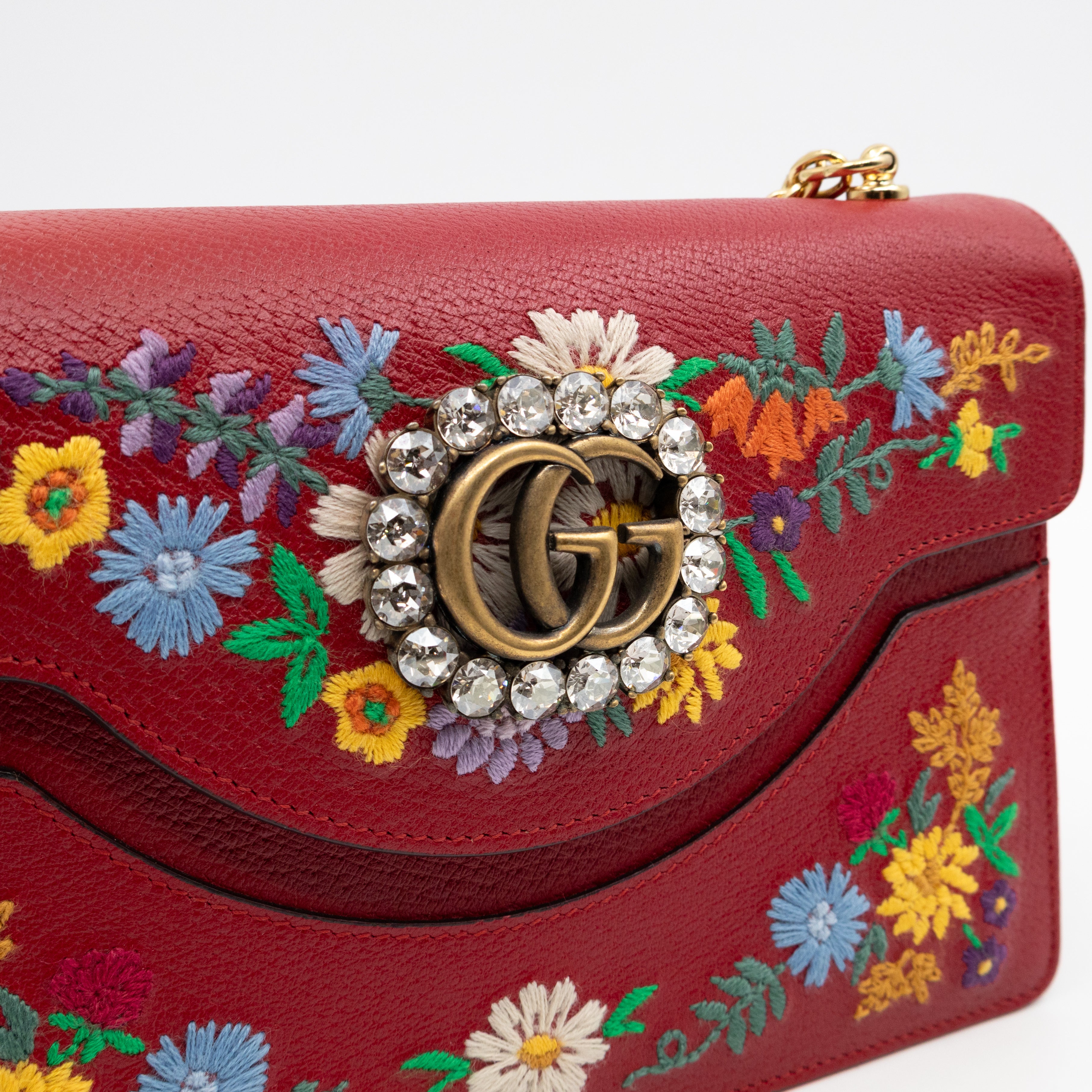 Floral Embroidered Ricami Small Shoulder Bag Red Leather