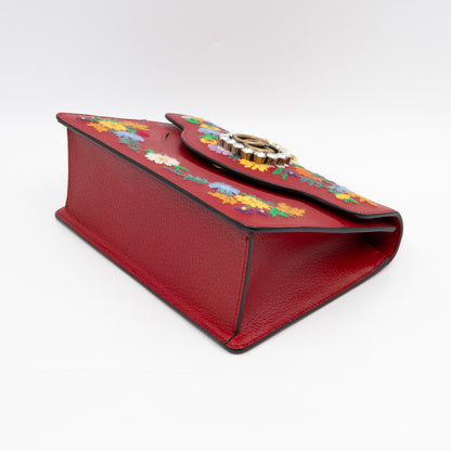 Floral Embroidered Ricami Small Shoulder Bag Red Leather