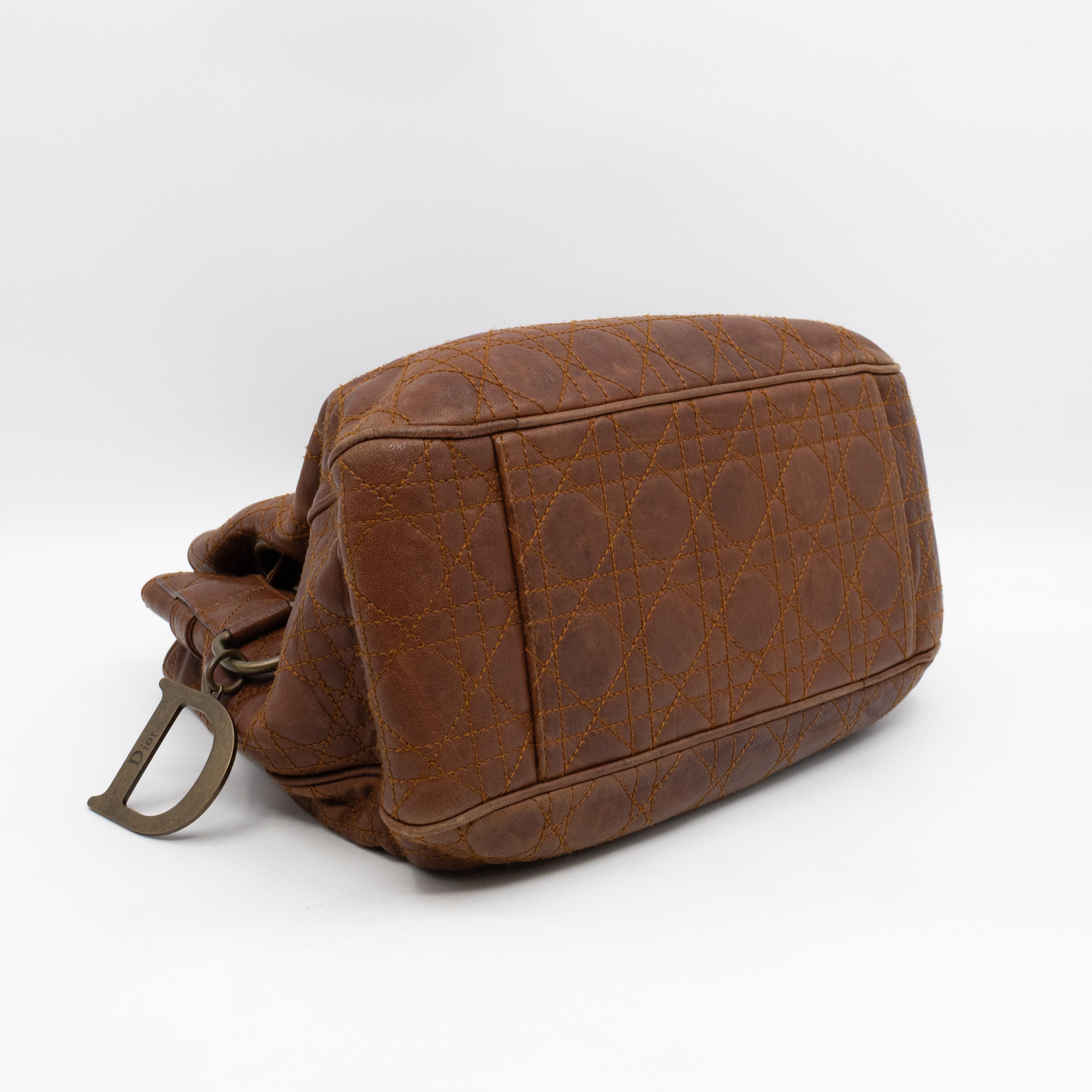 Cannage Quilted Shoulder Bag Brown Leather