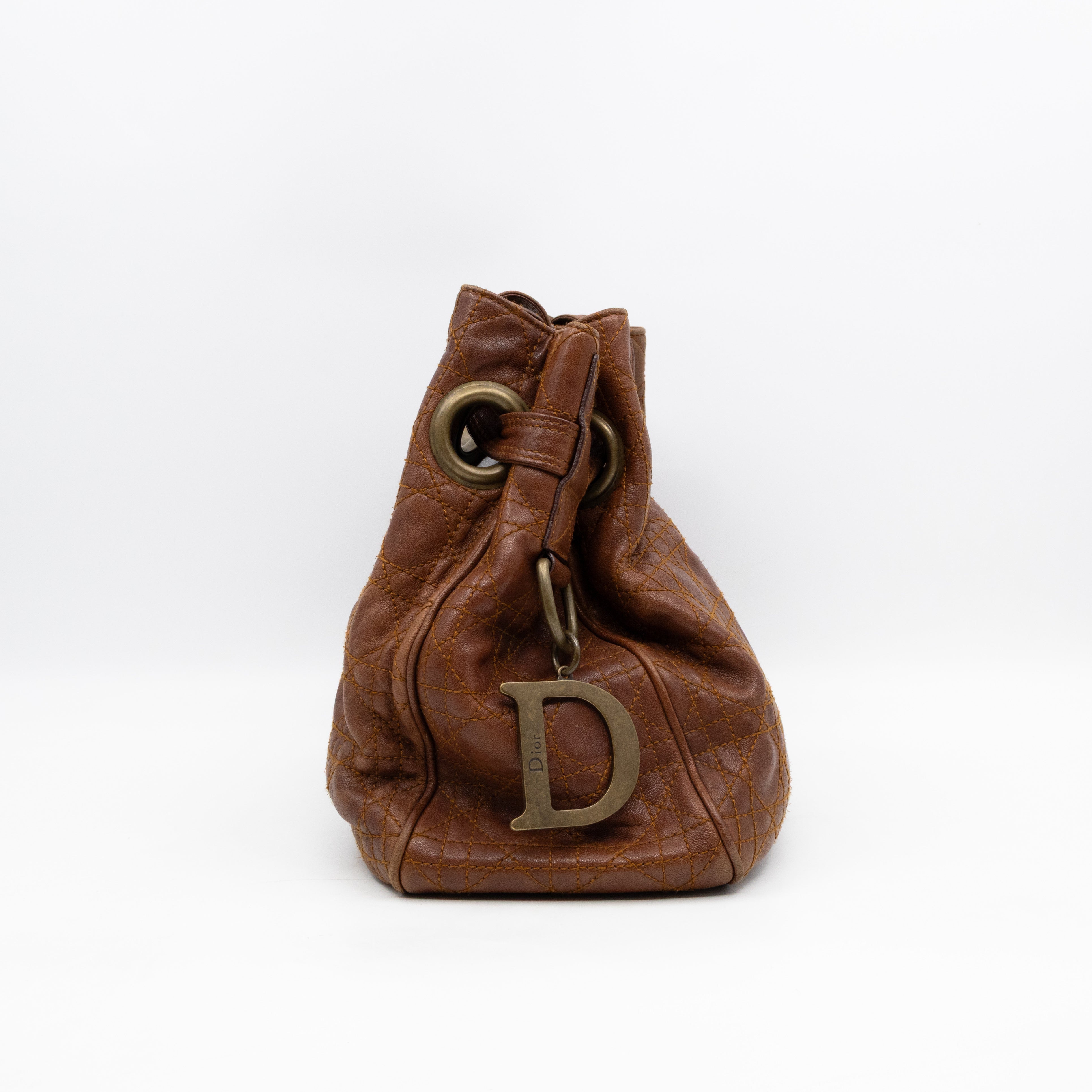 Cannage Quilted Shoulder Bag Brown Leather