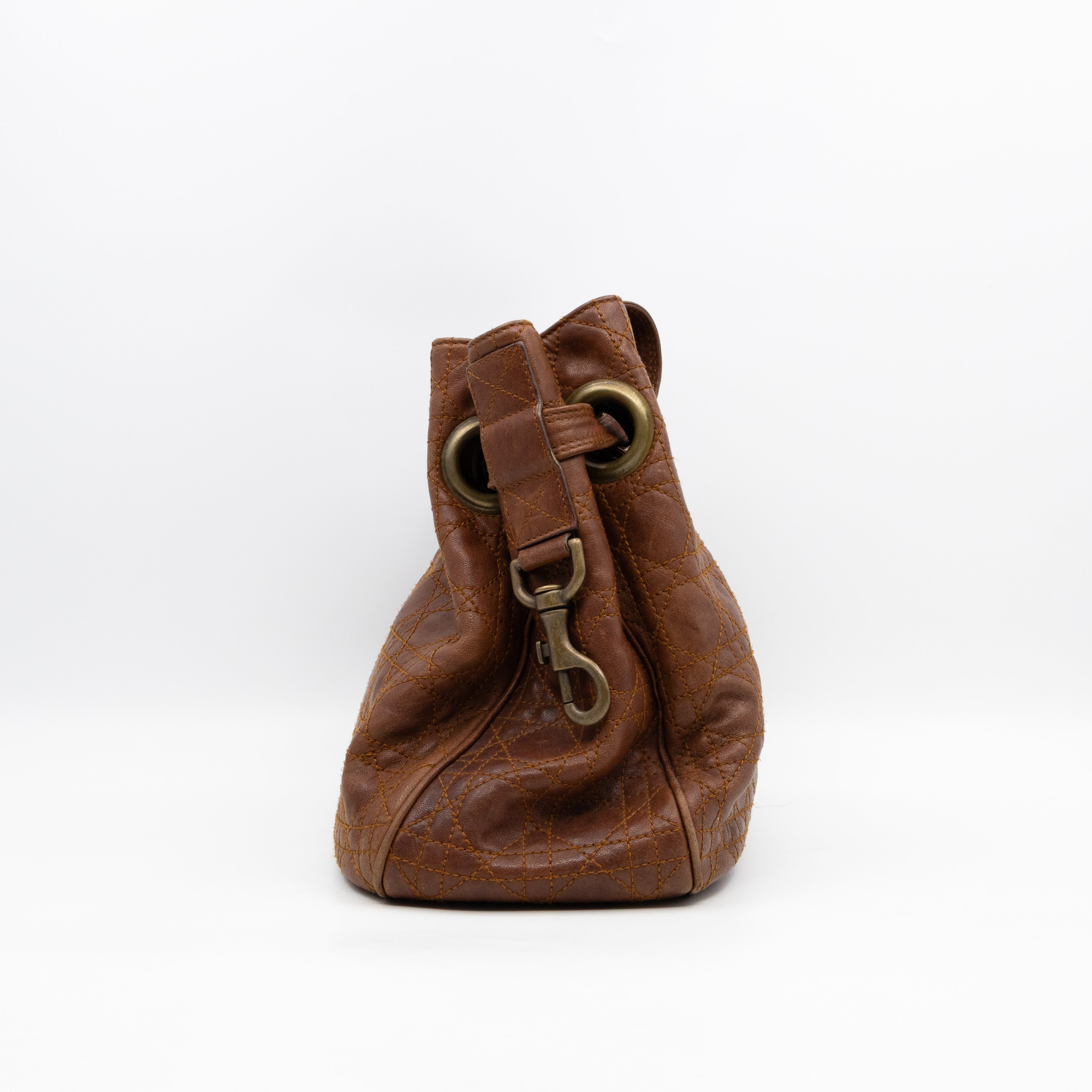 Cannage Quilted Shoulder Bag Brown Leather