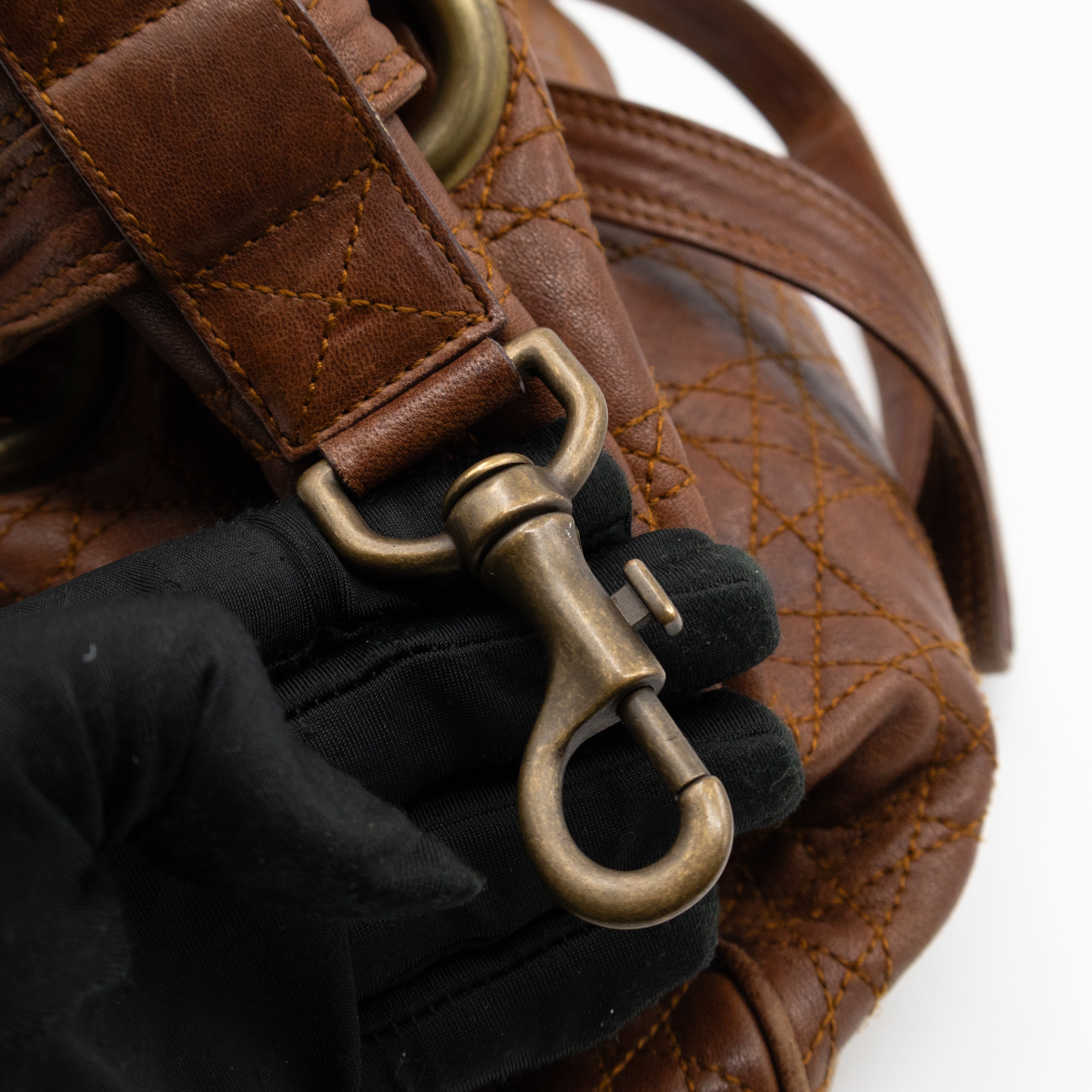 Cannage Quilted Shoulder Bag Brown Leather