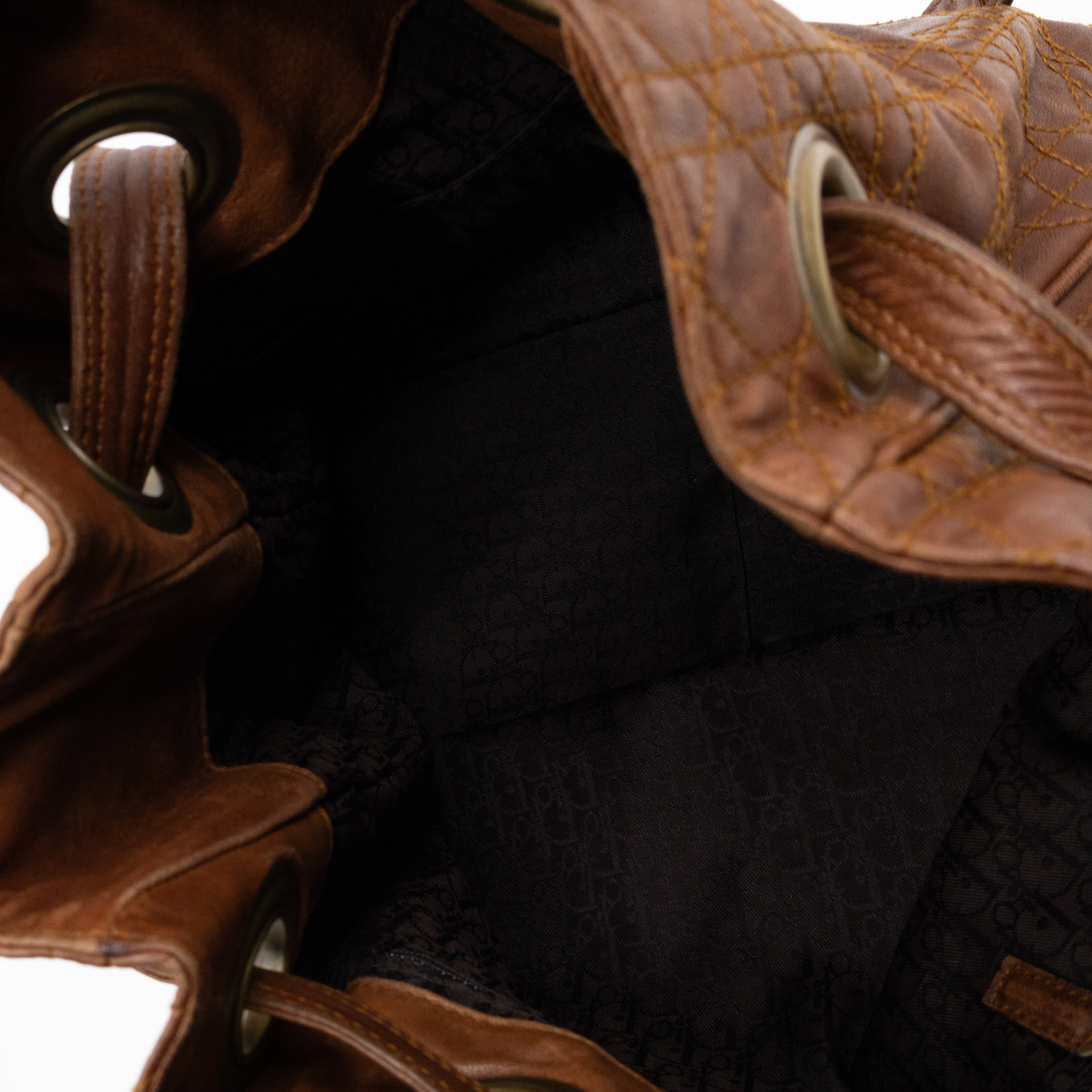 Cannage Quilted Shoulder Bag Brown Leather