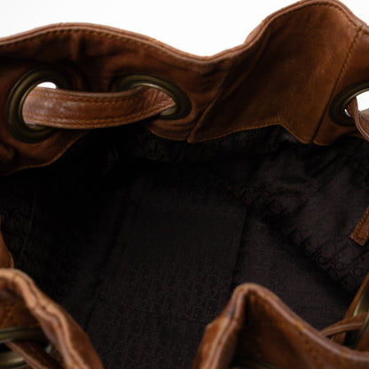 Cannage Quilted Shoulder Bag Brown Leather