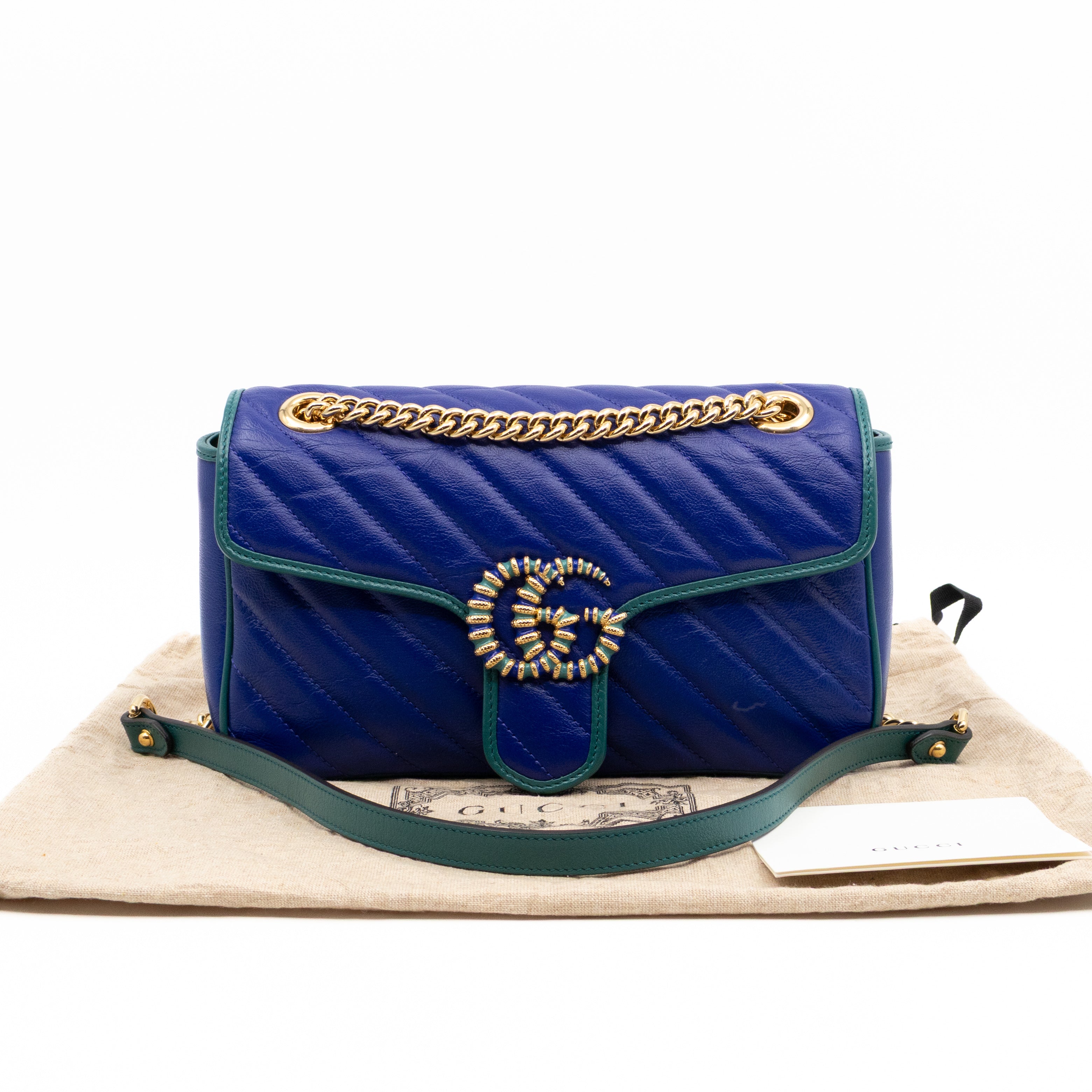 Torchon GG Marmont Medium Flap Bag Blue Diagonal Chevron Leather