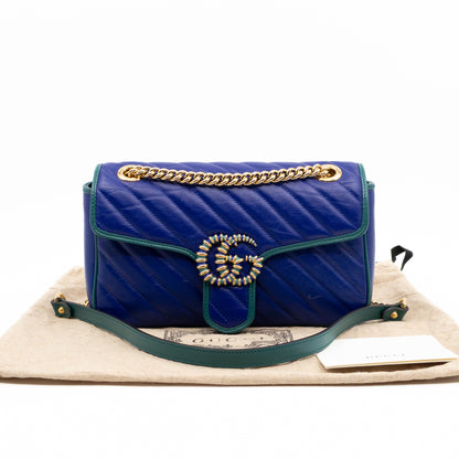 Torchon GG Marmont Medium Flap Bag Blue Diagonal Chevron Leather