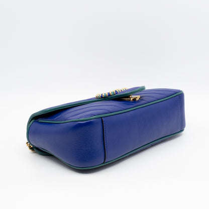 Torchon GG Marmont Medium Flap Bag Blue Diagonal Chevron Leather
