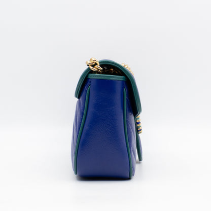 Torchon GG Marmont Medium Flap Bag Blue Diagonal Chevron Leather