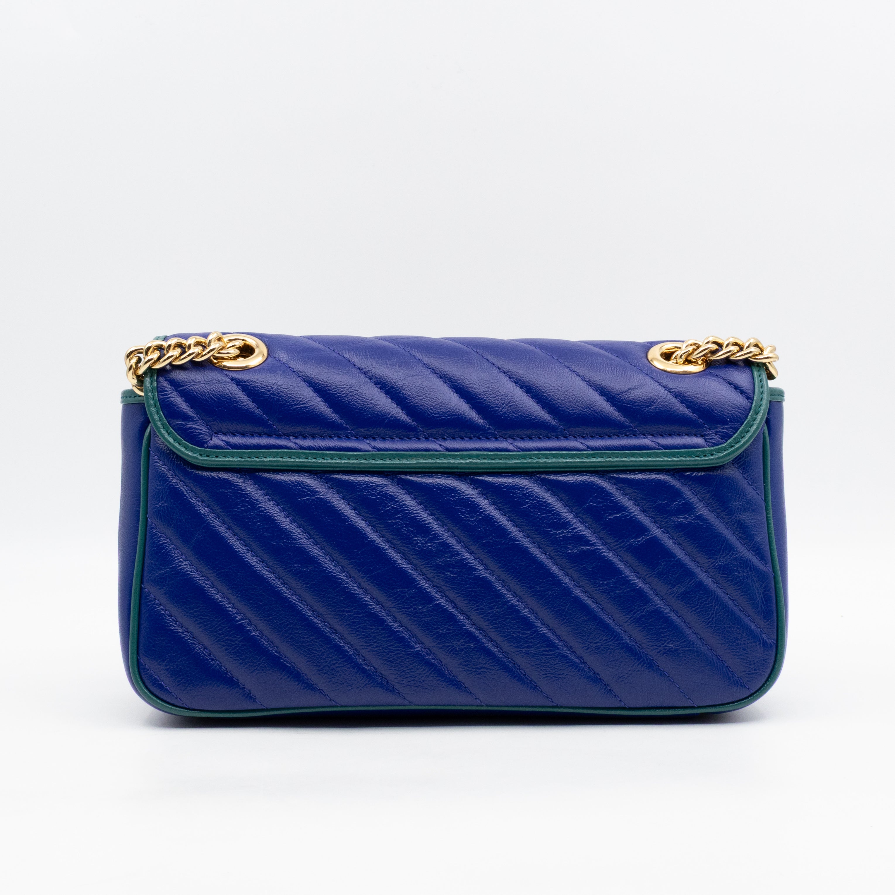 Torchon GG Marmont Medium Flap Bag Blue Diagonal Chevron Leather