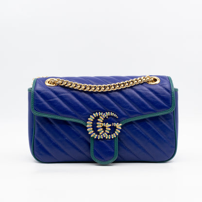 Torchon GG Marmont Medium Flap Bag Blue Diagonal Chevron Leather