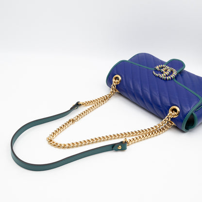 Torchon GG Marmont Medium Flap Bag Blue Diagonal Chevron Leather