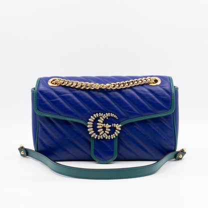 Torchon GG Marmont Medium Flap Bag Blue Diagonal Chevron Leather