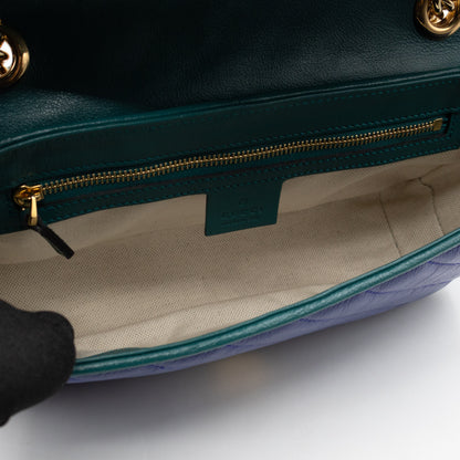 Torchon GG Marmont Medium Flap Bag Blue Diagonal Chevron Leather