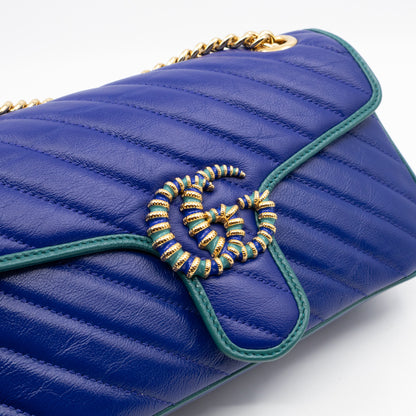 Torchon GG Marmont Medium Flap Bag Blue Diagonal Chevron Leather