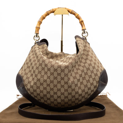 Bamboo Top Handle Hobo Bag GG Canvas Brown Leather