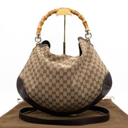 Bamboo Top Handle Hobo Bag GG Canvas Brown Leather