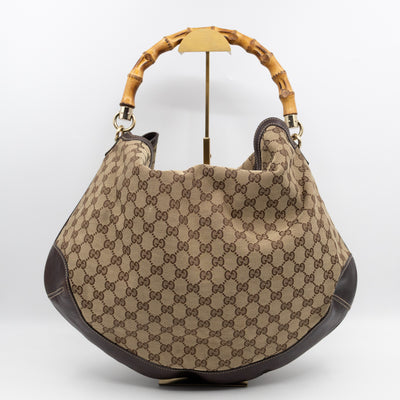 Bamboo Top Handle Hobo Bag GG Canvas Brown Leather