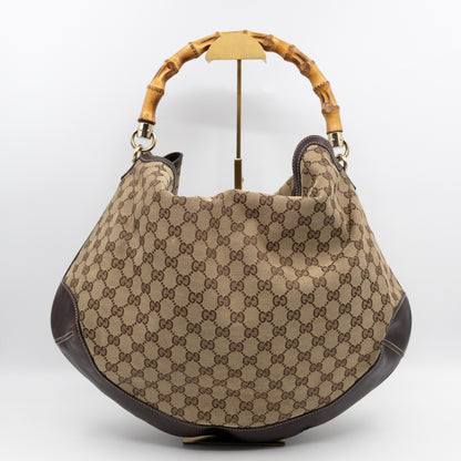 Bamboo Top Handle Hobo Bag GG Canvas Brown Leather