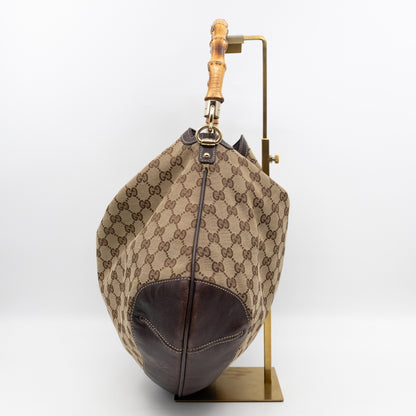 Bamboo Top Handle Hobo Bag GG Canvas Brown Leather