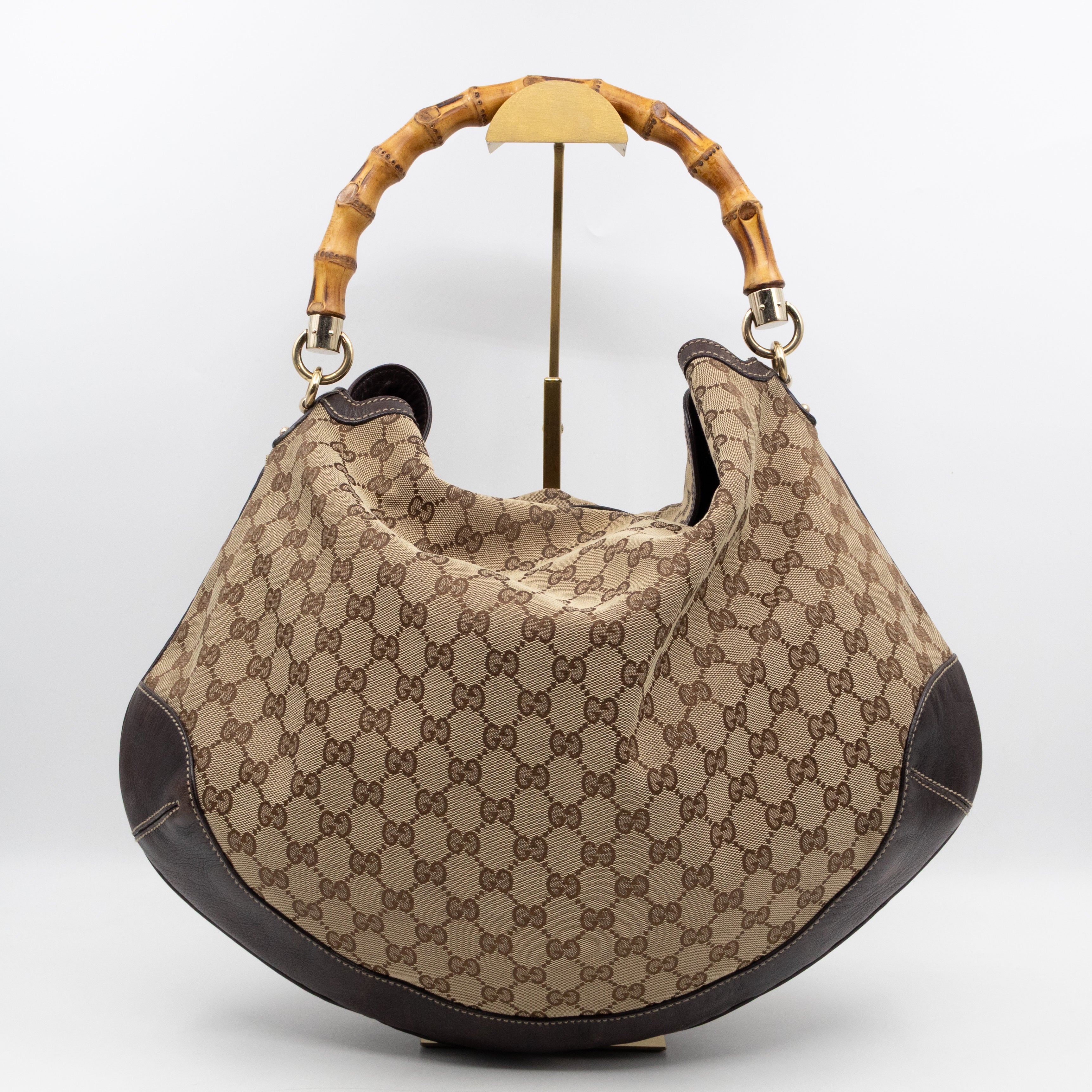 Bamboo Top Handle Hobo Bag GG Canvas Brown Leather