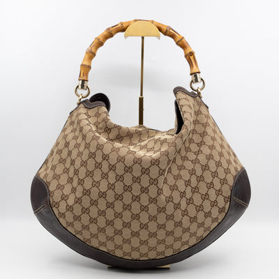 Bamboo Top Handle Hobo Bag GG Canvas Brown Leather