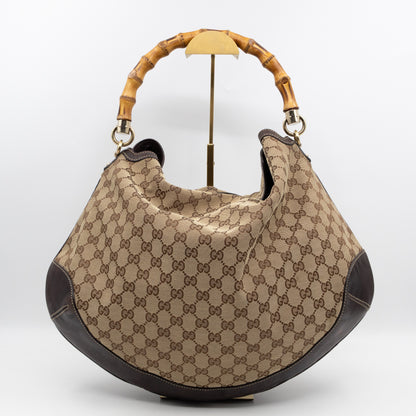 Bamboo Top Handle Hobo Bag GG Canvas Brown Leather