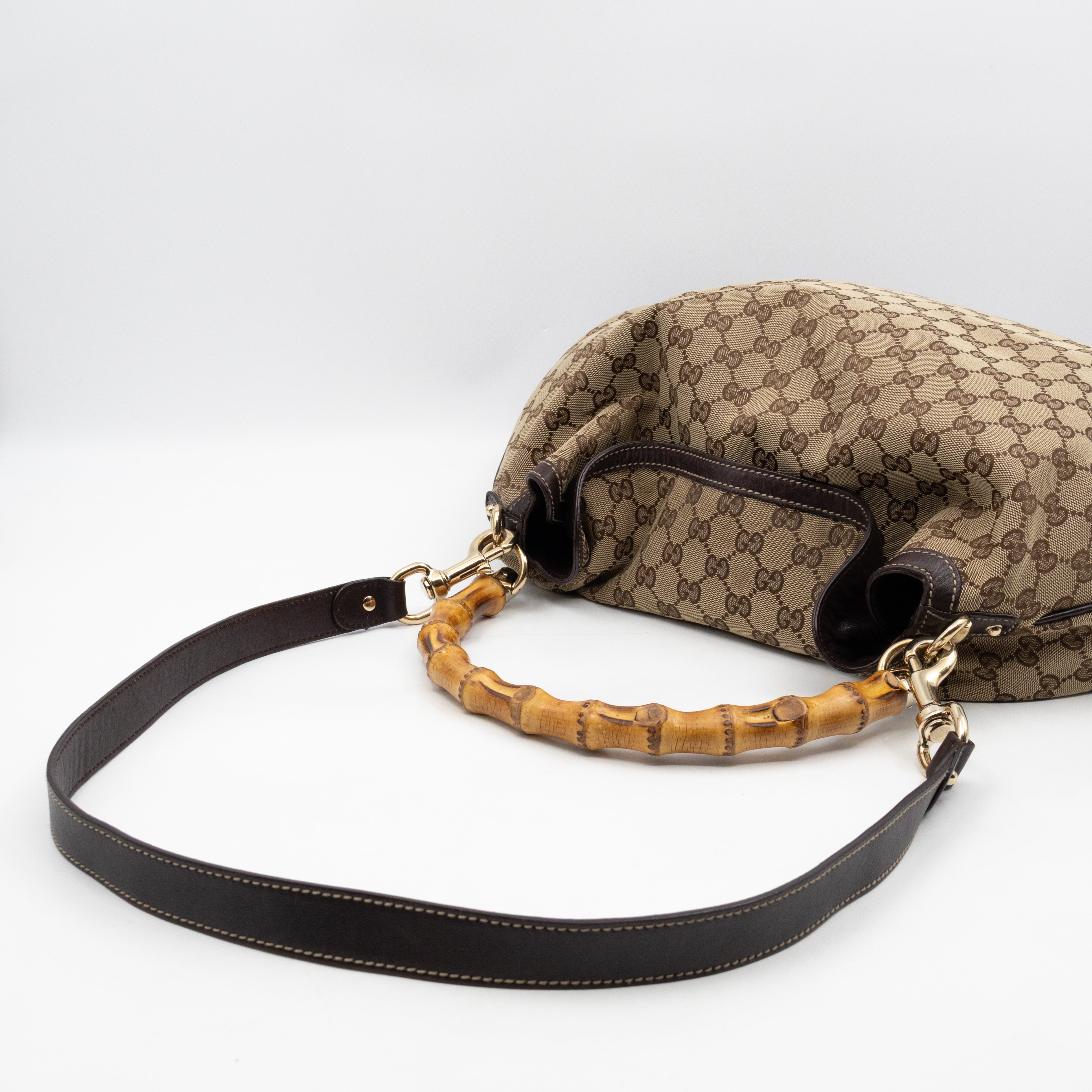 Bamboo Top Handle Hobo Bag GG Canvas Brown Leather