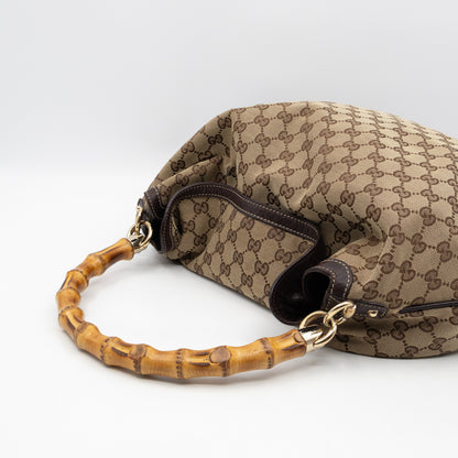 Bamboo Top Handle Hobo Bag GG Canvas Brown Leather