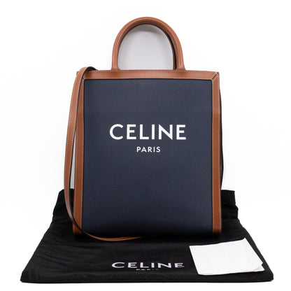 Small Vertical Cabas Navy Blue Canvas & Brown Leather