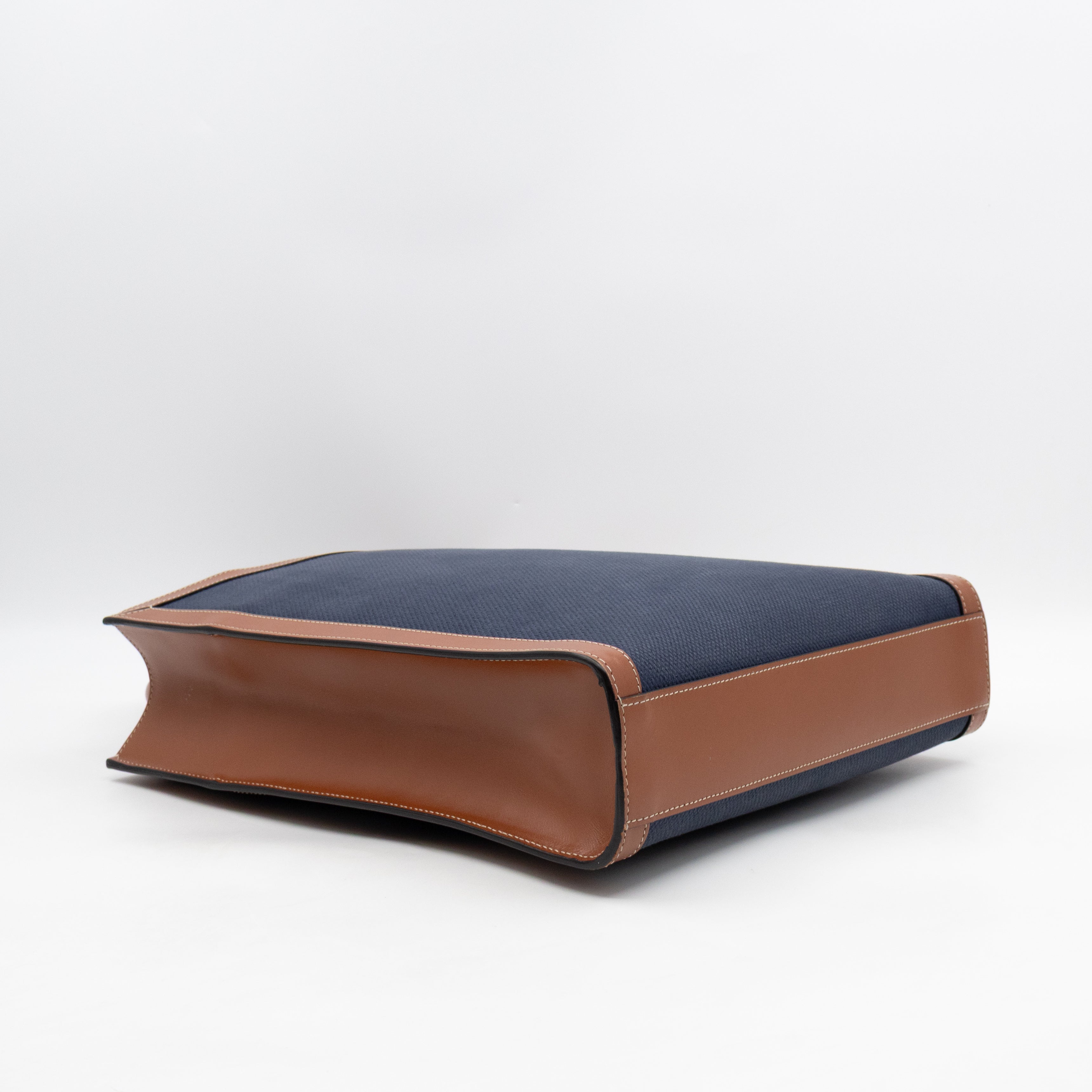 Small Vertical Cabas Navy Blue Canvas & Brown Leather
