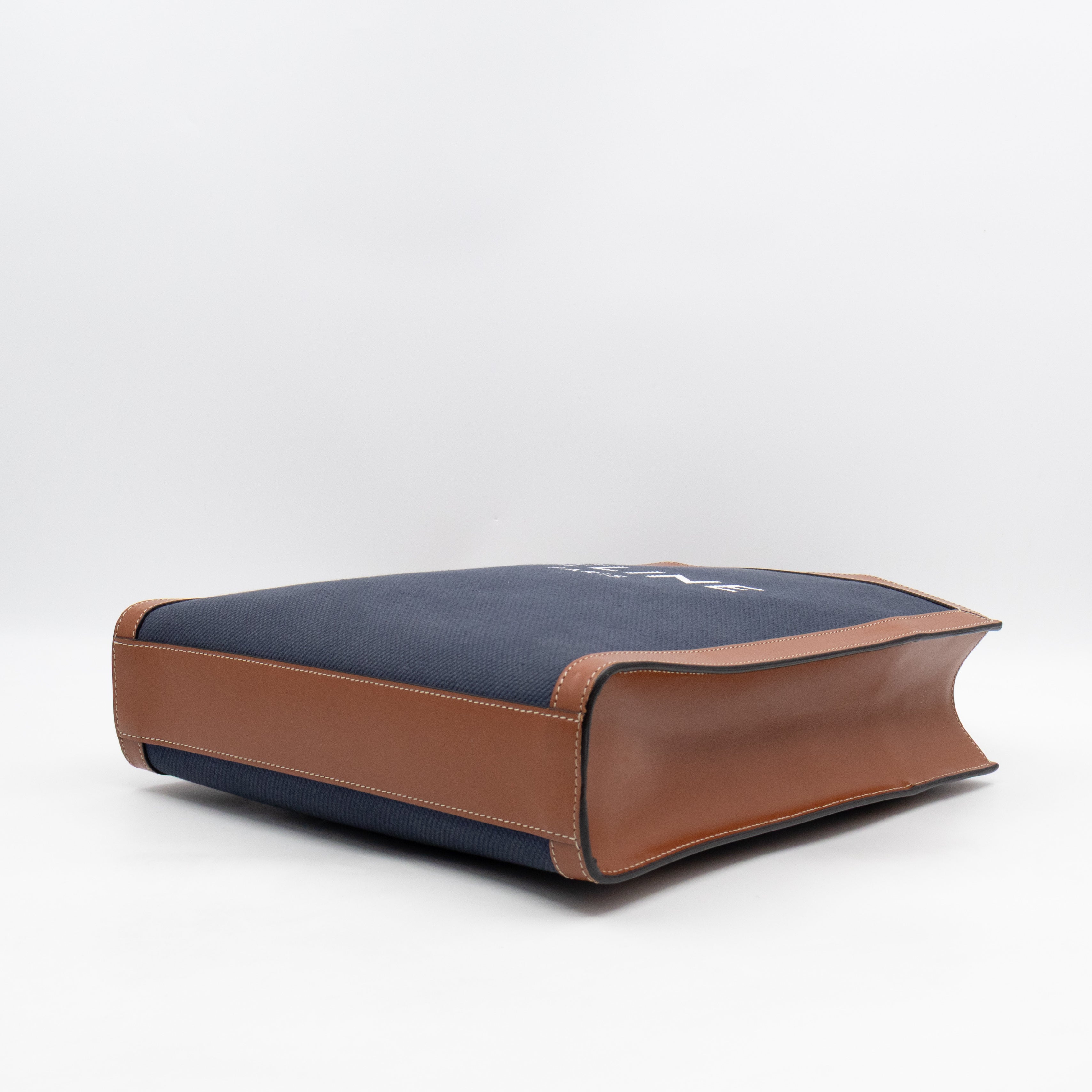 Small Vertical Cabas Navy Blue Canvas & Brown Leather