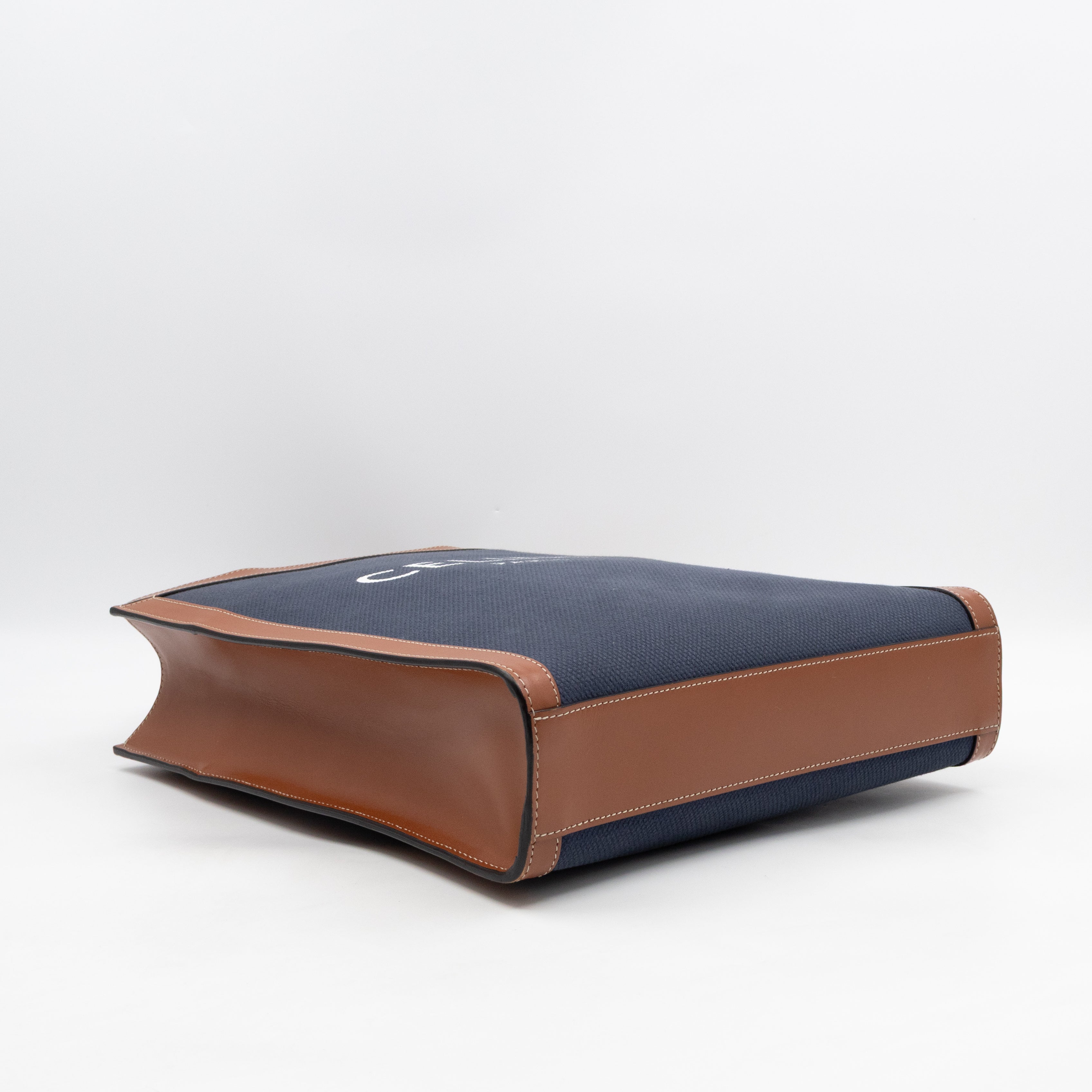 Small Vertical Cabas Navy Blue Canvas & Brown Leather