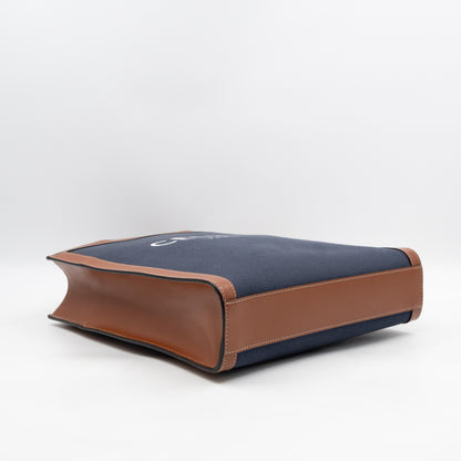 Small Vertical Cabas Navy Blue Canvas & Brown Leather